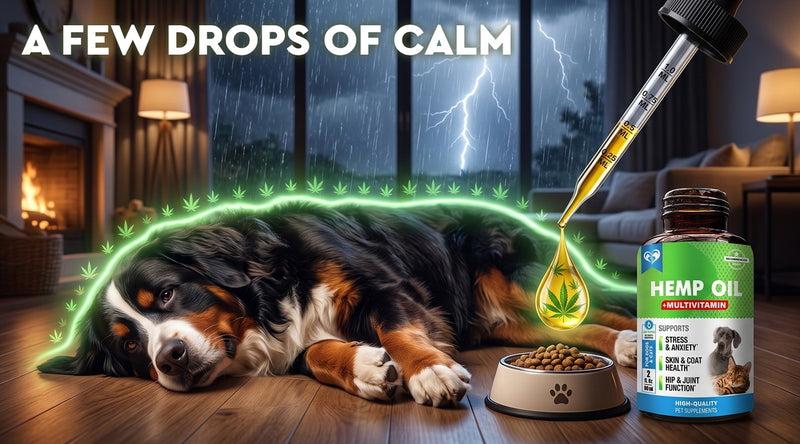 Bernese mountain dog resting calmly during a thunderstorm beside a Beloved Pets Hemp Oil Multivitamin dropper