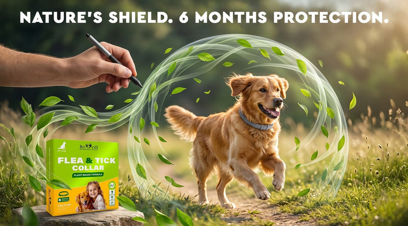Golden retriever running pest-free in a meadow with a Beloved Pets plant-based Flea & Tick Collar for dogs β Nature's Shield, 6 months protection