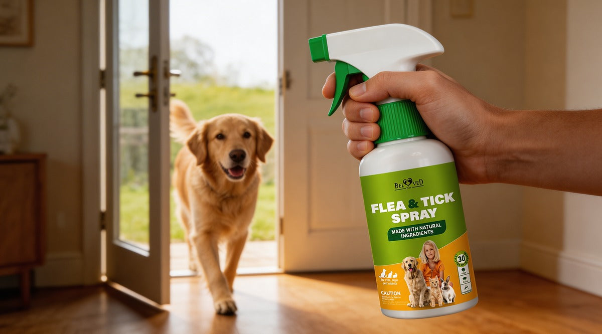 Hand holding Beloved Pets Flea and Tick Spray bottle with golden retriever entering home — natural flea protection for dogs and cats