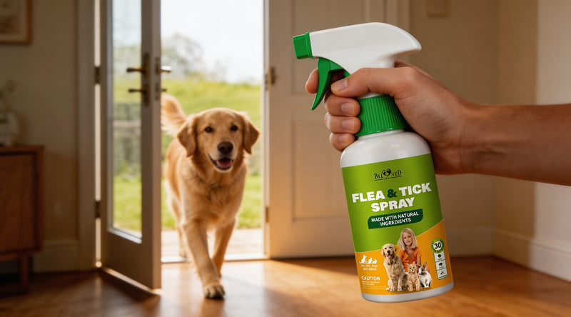 Hand holding Beloved Pets Flea and Tick Spray bottle with golden retriever entering home — natural flea protection for dogs and cats