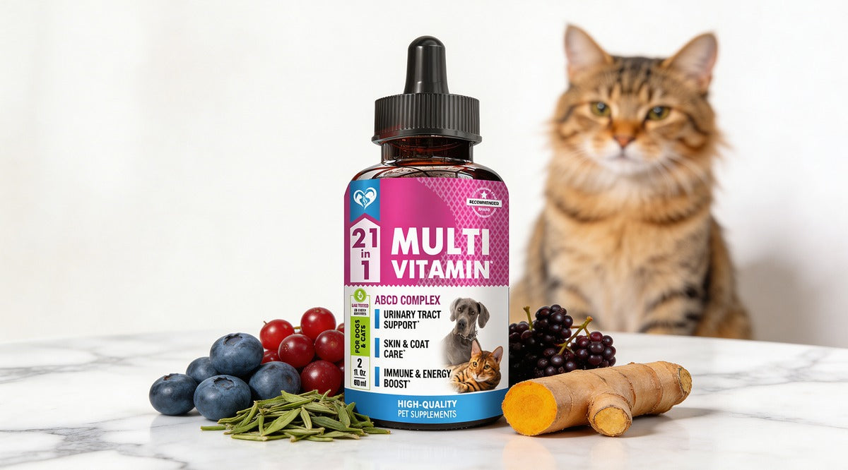 Beloved Pets 21-in-1 Liquid Multivitamin bottle with blueberries, cranberries, ginger, and rosemary natural ingredients with cat — ABCD complex pet supplement
