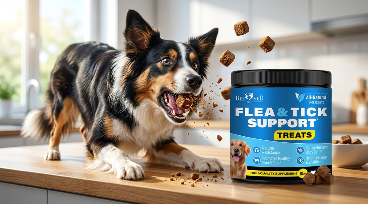 Active border collie eating Beloved Pets Flea and Tick Support Treats on kitchen counter — fast oral flea protection for dogs