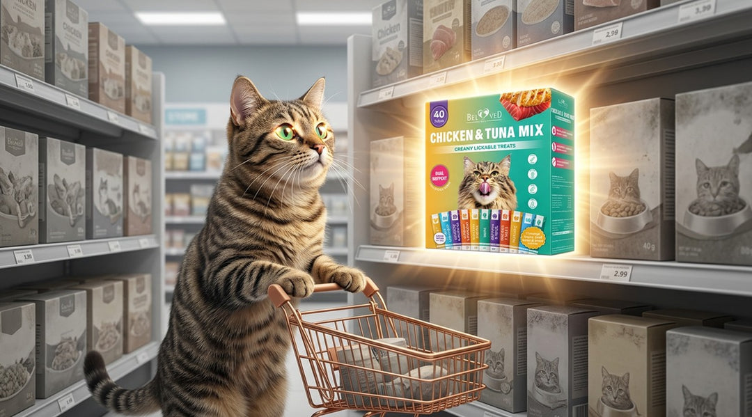 Beloved Pets Chicken and Tuna Mix Creamy Lickable Cat Treats 40 tubes dual support with cat in store