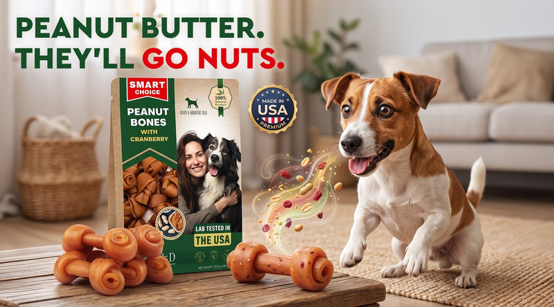 Excited Jack Russell terrier reaching for Beloved Pets Peanut Butter Bones with Cranberry rawhide-free chew treats
