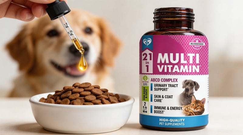 Hand using dropper to add Beloved Pets 21-in-1 Liquid Multivitamin to dog food bowl with golden retriever — easy daily vitamin drops for dogs and cats