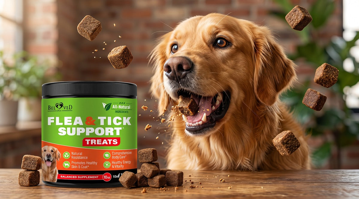 Happy golden retriever eating Beloved Pets Flea and Tick Support Treats — soft chew flea protection for dogs