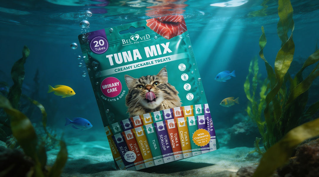 Beloved Pets Tuna Mix Creamy Lickable Cat Treats for urinary care 20 tubes underwater scene