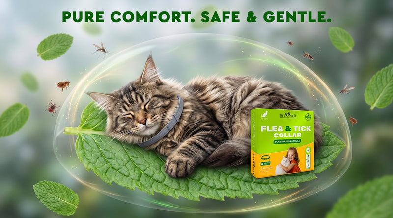 Maine Coon cat resting calmly inside a protective bubble wearing a Beloved Pets plant-based Flea & Tick Collar for cats — pure comfort, safe and gentle