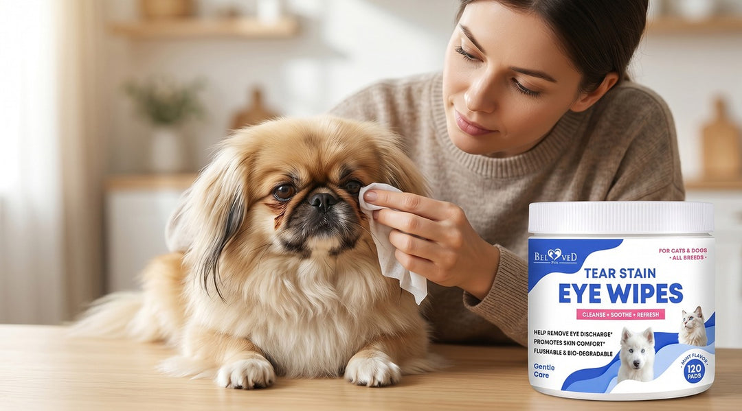 Pet mom using Beloved Pets Tear Stain Eye Wipes to clean Pekingese dog eyes — gentle pet grooming for tear stain removal