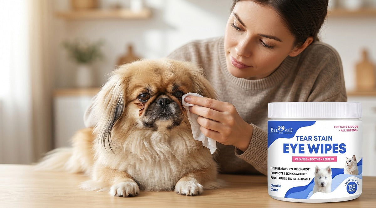 Pet mom using Beloved Pets Tear Stain Eye Wipes to clean Pekingese dog eyes — gentle pet grooming for tear stain removal
