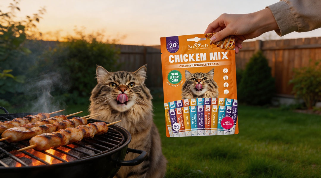 Beloved Pets Chicken Mix Creamy Lickable Cat Treats for skin and coat care with cat at barbecue
