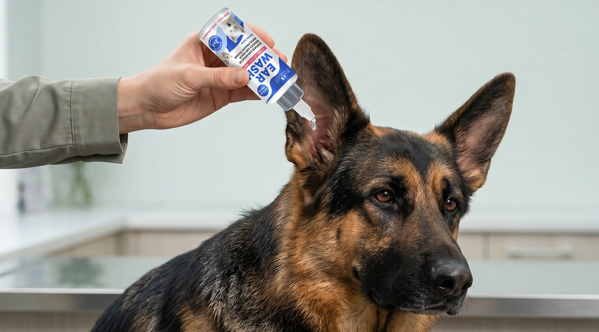 German shepherd receiving Beloved Pets Ear Wash drops for ear odor and itching relief — gentle pet ear cleaner
