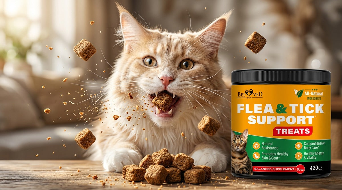 Orange Maine Coon cat eagerly catching Beloved Pets Flea & Tick Support chewable treats beside the 10 oz jar