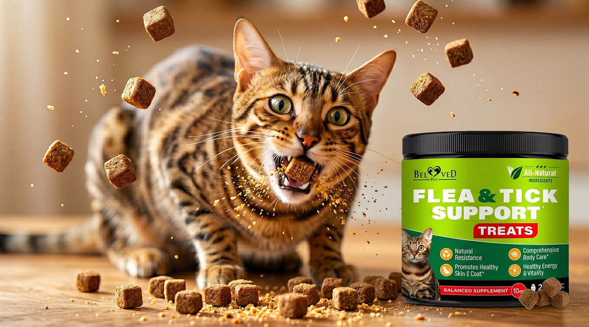 Active Bengal cat snatching Beloved Pets Flea & Tick Support treats next to the green-label 10 oz jar