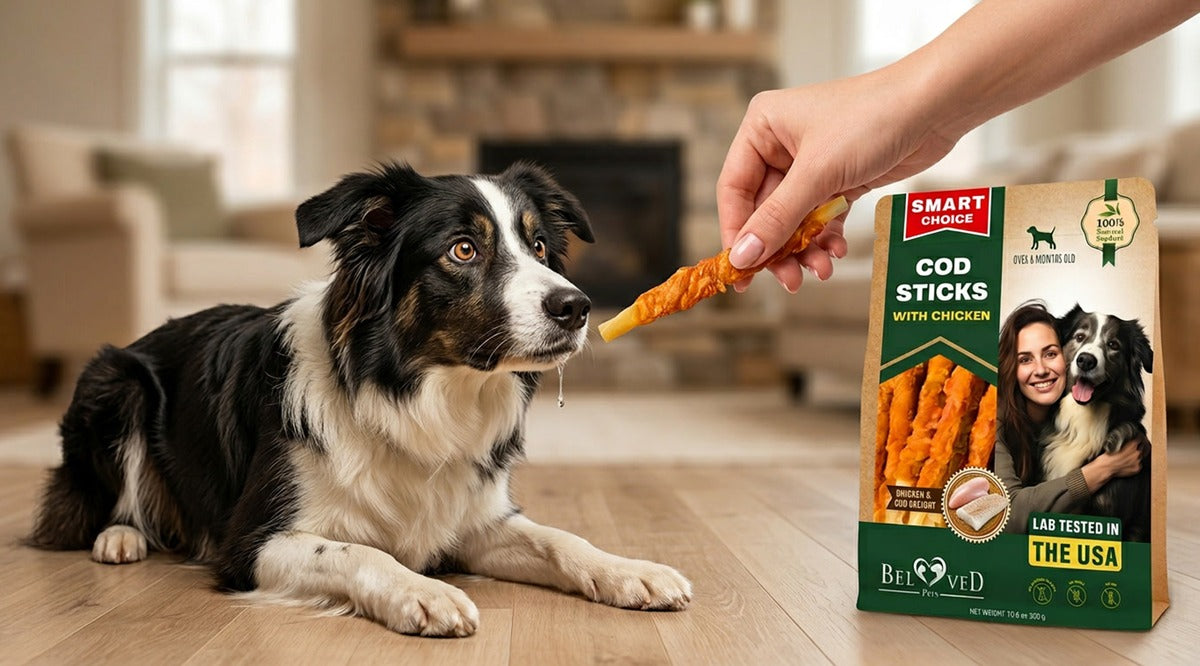 Border collie waiting for Beloved Pets Smart Choice Cod Sticks with Chicken — natural omega-3 fish treats for dogs