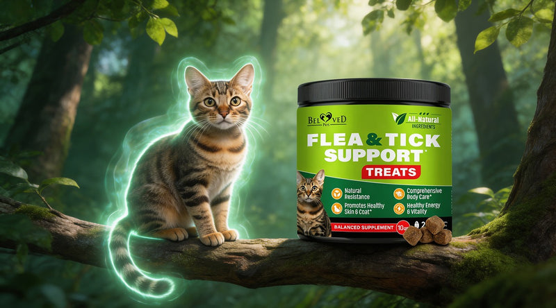 Beloved Pets Flea and Tick Support Chews jar with healthy tabby cat in forest — natural flea and tick protection for cats