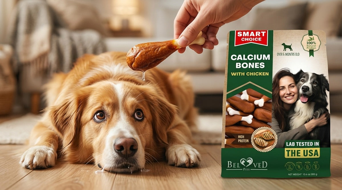 Golden retriever waiting for Beloved Pets Smart Choice Calcium Bones with Chicken treat — rawhide-free calcium chews for adult dogs