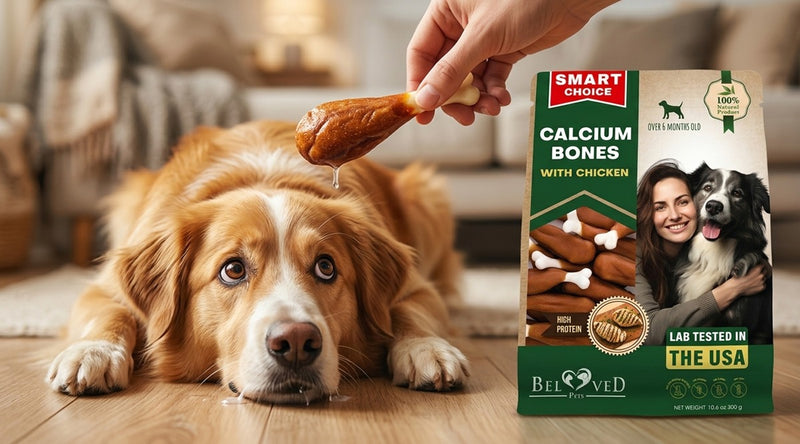 Golden retriever waiting for Beloved Pets Smart Choice Calcium Bones with Chicken treat — rawhide-free calcium chews for adult dogs
