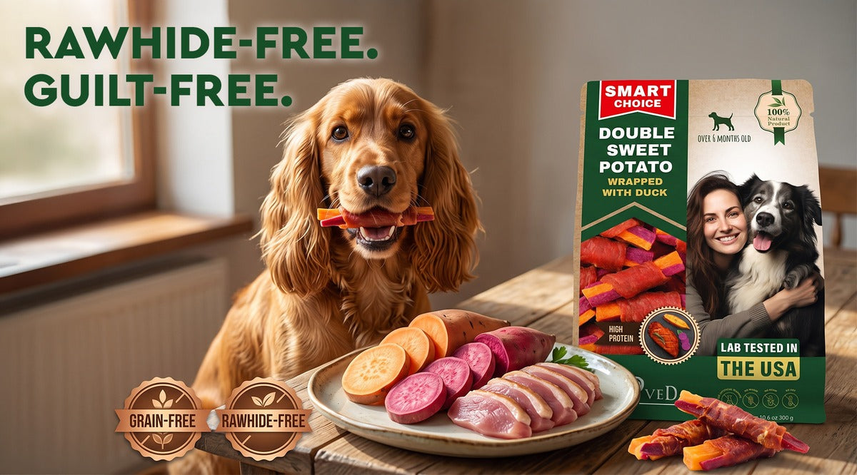 Cocker spaniel holding a Beloved Pets Double Sweet Potato wrapped with duck rawhide-free chew treat