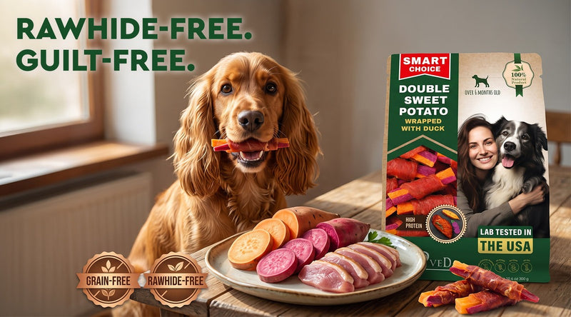 Cocker spaniel holding a Beloved Pets Double Sweet Potato wrapped with duck rawhide-free chew treat