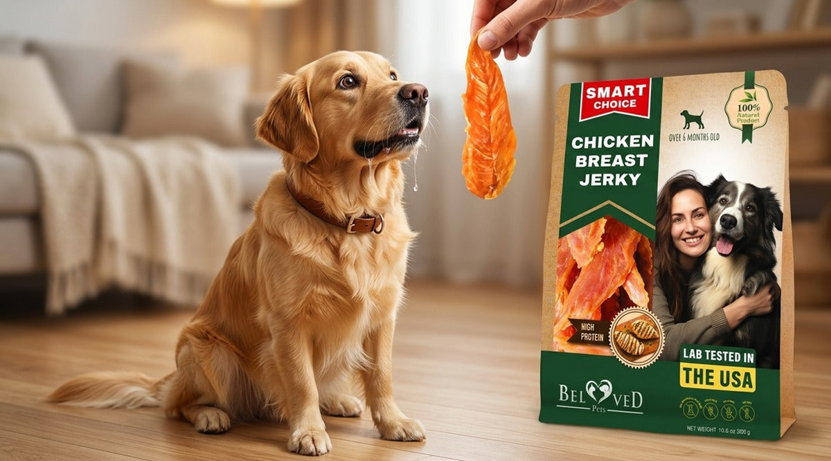 Golden retriever sitting attentively for Beloved Pets Smart Choice Chicken Breast Jerky training treat — high-protein human-grade dog jerky