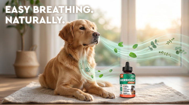 Golden retriever breathing easily at home beside a Beloved Pets Herbiotic Complex bottle with mint and eucalyptus
