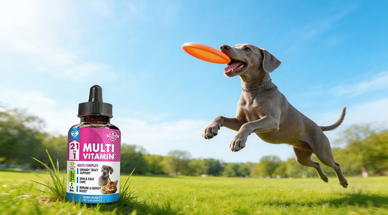 Active dog jumping for frisbee with Beloved Pets 21-in-1 Multivitamin Liquid bottle on grass — daily vitamin support for dogs and cats