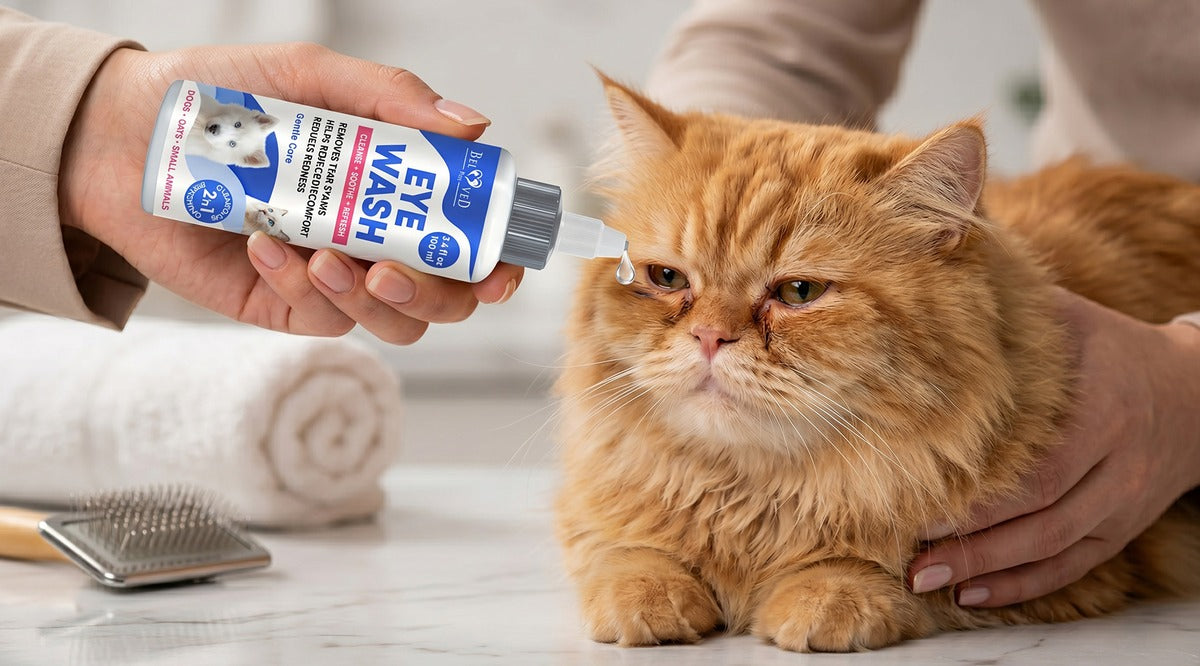 Orange Persian cat receiving Beloved Pets Eye Wash drops for watery eyes and tear stain removal