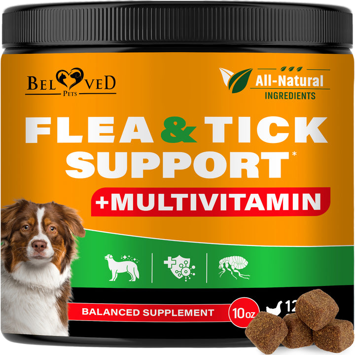 Beloved Pets Natural Flea & Tick Support + Complex Multivitamin Chicken Flavored Soft Chew for Skin & Coat Supplement for Dogs, 10-oz Jar