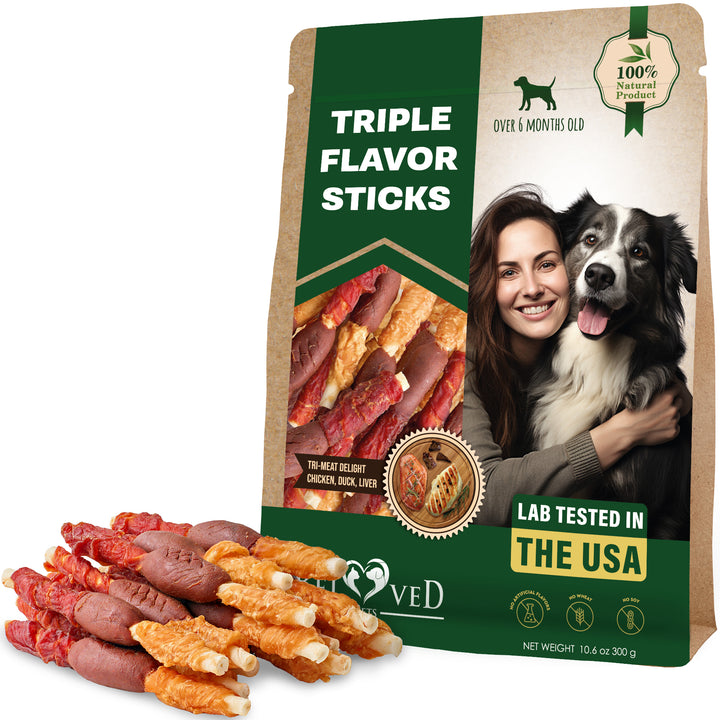 Triple Flavor Dog Rawhide Treats - Duck & Chicken Human Grade Meat - Natural Pet Dried Snacks - Grain Free Long Lasting Chews for Large & Small Dogs - Best Sticks for Healthy Teeth