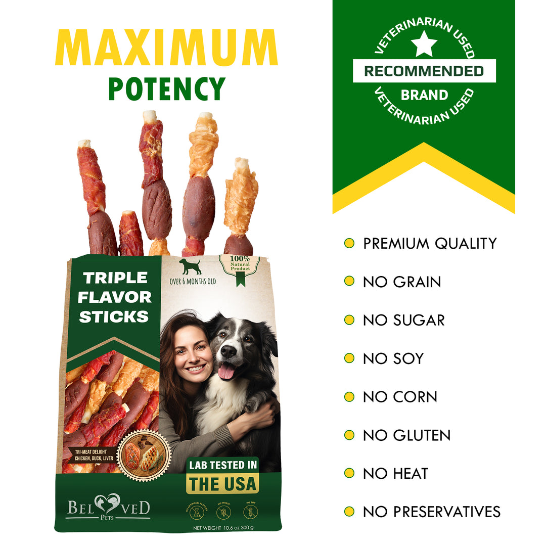 Triple Flavor Dog Rawhide Treats - Duck & Chicken Human Grade Meat - Natural Pet Dried Snacks - Grain Free Long Lasting Chews for Large & Small Dogs - Best Sticks for Healthy Teeth