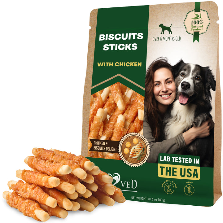 Biscuits Sticks Dog Treats Chicken Wrapped Human Grade Meat - Natural Dried Snacks Rawhide - Free & Grain Free Long Lasting Chews for Large & Small Dogs - Best for Training & Healthy Teeth