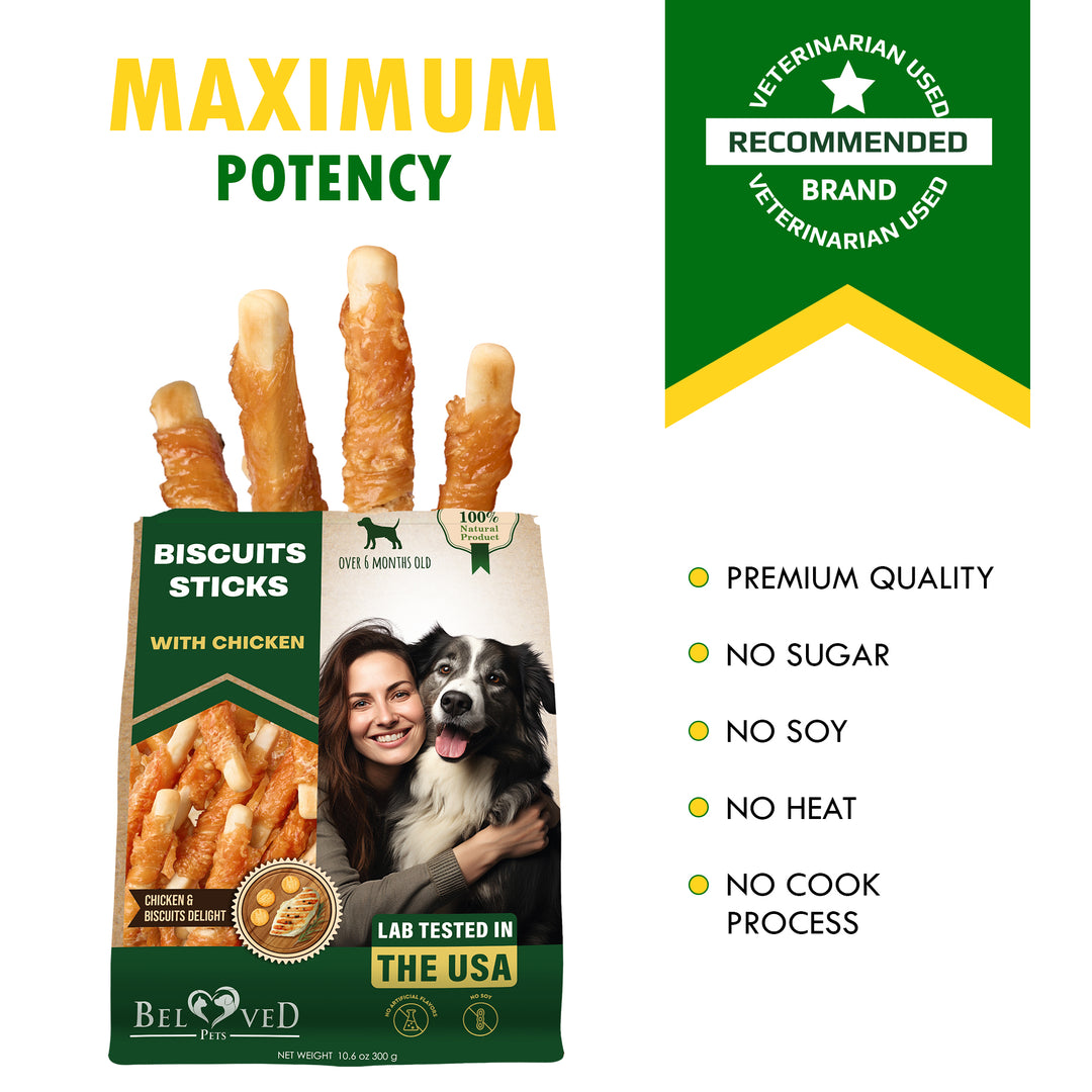 Biscuits Sticks Dog Treats Chicken Wrapped Human Grade Meat - Natural Dried Snacks Rawhide - Free & Grain Free Long Lasting Chews for Large & Small Dogs - Best for Training & Healthy Teeth