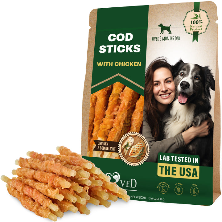 Beloved Pets Cod Sticks Dog Treats Chicken Wrapped - All Natural Rawhide - Free & Grain Free Long Lasting Chews for Large & Small Dogs - Support Healthy Teeth & Skin Coat