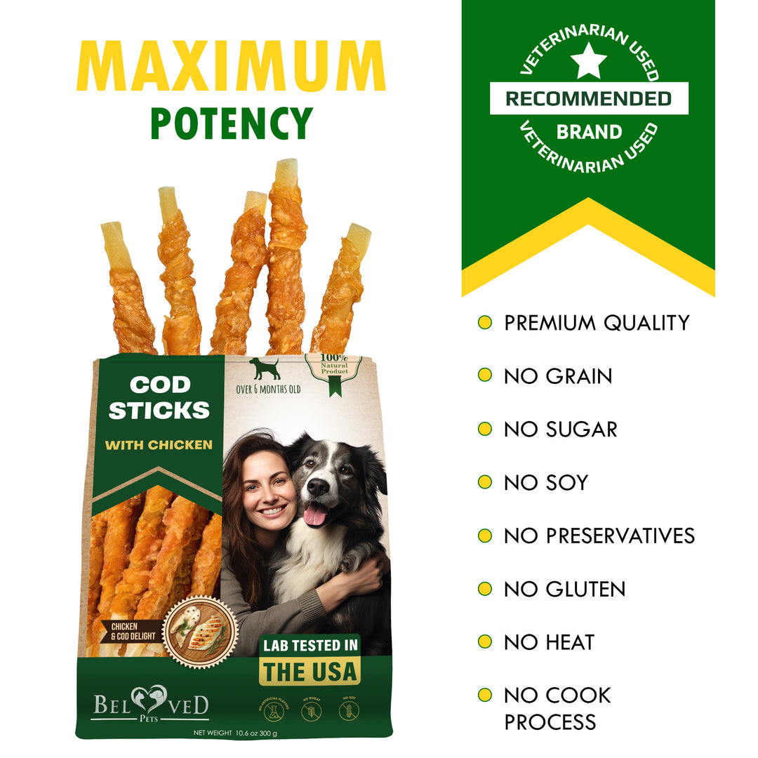 Beloved Pets Cod Sticks Dog Treats Chicken Wrapped - All Natural Rawhide - Free & Grain Free Long Lasting Chews for Large & Small Dogs - Support Healthy Teeth & Skin Coat