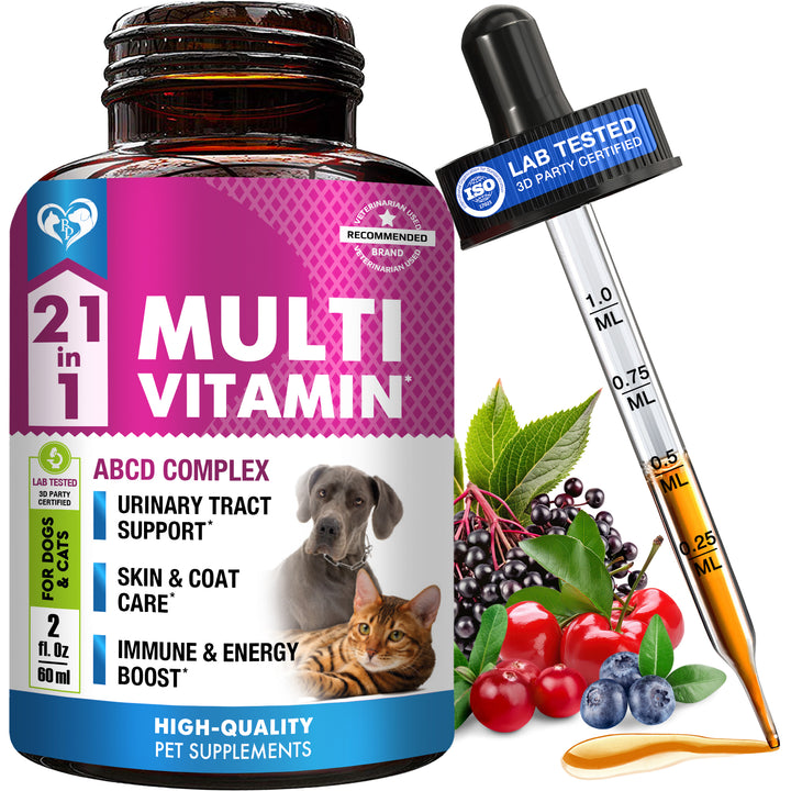 Cat & Dog Multivitamin Liquid with Glucosamine & Cranberry | 21 in 1 Health Supplements for Urinary Tract Kidney, Bladder, Hip & Joint, Skin & Coat | Natural UTI Medicine Made in USA (60 ml)