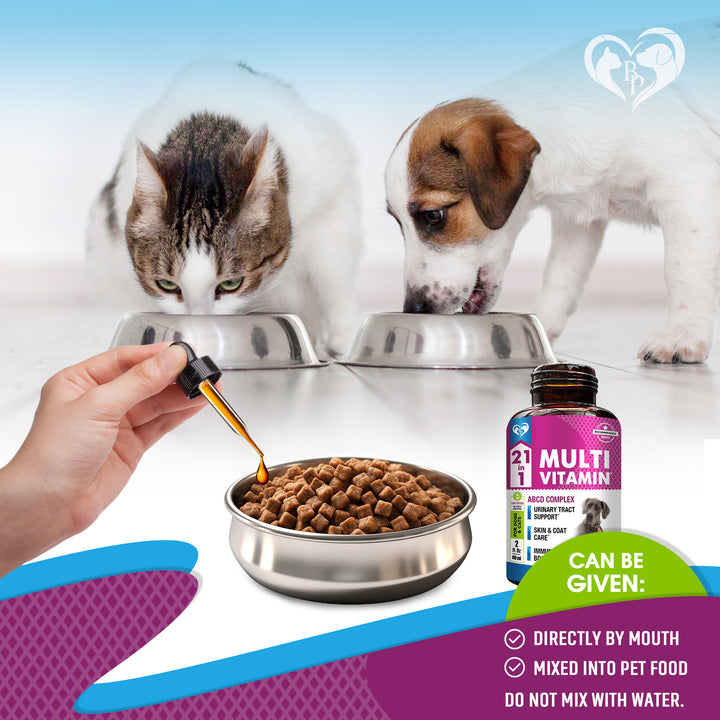 Cat & Dog Multivitamin Liquid with Glucosamine & Cranberry | 21 in 1 Health Supplements for Urinary Tract Kidney, Bladder, Hip & Joint, Skin & Coat | Natural UTI Medicine Made in USA (60 ml)