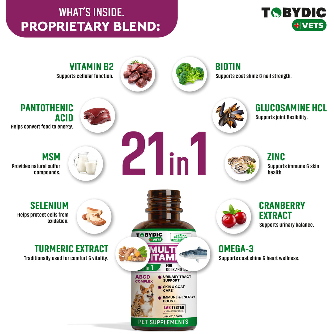 Cat & Dog Multivitamin 21 in 1 Pet Supplements with Cranberry & Glucosamine - Natural Medicine & Support for UTI, Urinary Tract, Bladder, Kidney, Skin Coat, Joints Treatment Made in USA