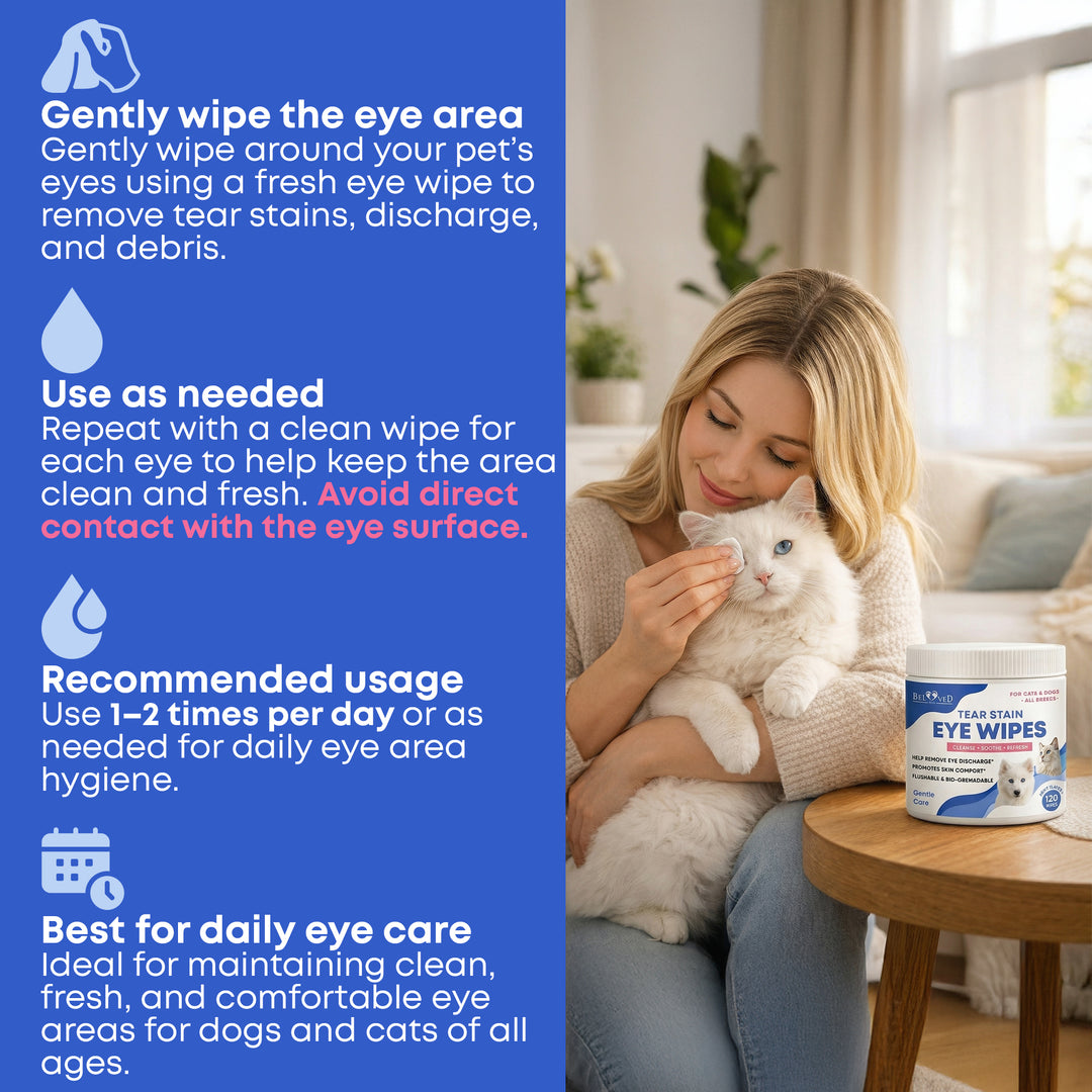 Cat & Dog Eye Wash Wipes & Tear Stain Remover, Cleaner | Helps with Pink Eye, Relief Allergies Symptoms, Runny, Dry Eyes - Safe for Small Animals (Eye Wipes)