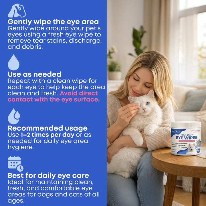 Cat & Dog Eye Wash Wipes & Tear Stain Remover, Cleaner | Helps with Pink Eye, Relief Allergies Symptoms, Runny, Dry Eyes - Safe for Small Animals (Eye Wipes)