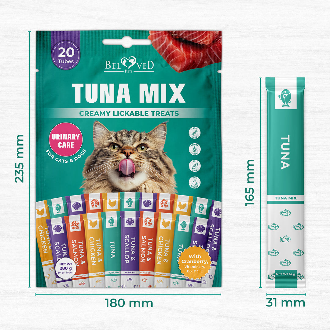 Beloved Pets Creamy Lickable Cat Treats & Wet Squeeze Tubes – Tuna Mix, Liquid Cat Snacks, Urinary Care, Multivitamin Treats for Cats & Small Dogs, Lick Up (10 Ounce (Pack of 1), Tuna Mix 20 Sticks)