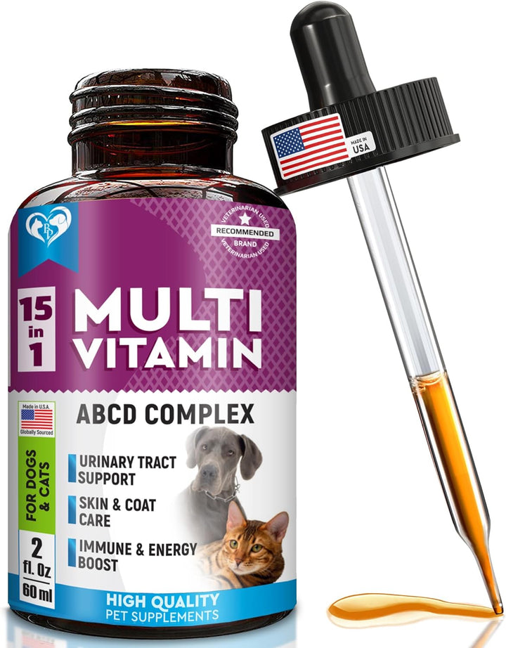 Cat & Dog Multivitamin Liquid with Glucosamine & Cranberry | 15 in 1 Health Supplements for Urinary Tract Kidney, Bladder, Hip & Joint, Skin & Coat | Natural UTI Medicine Made in USA (60 ml)