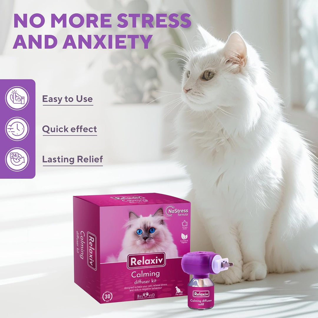 Relaxiv Cat Calming Diffuser & Pet Anti Anxiety Products - Feline Calm Pheromones Plug in & Cats Stress Relief Comfort Helps with Pee, New Zone, Aggression (2 Diffusers + 2 Refills)