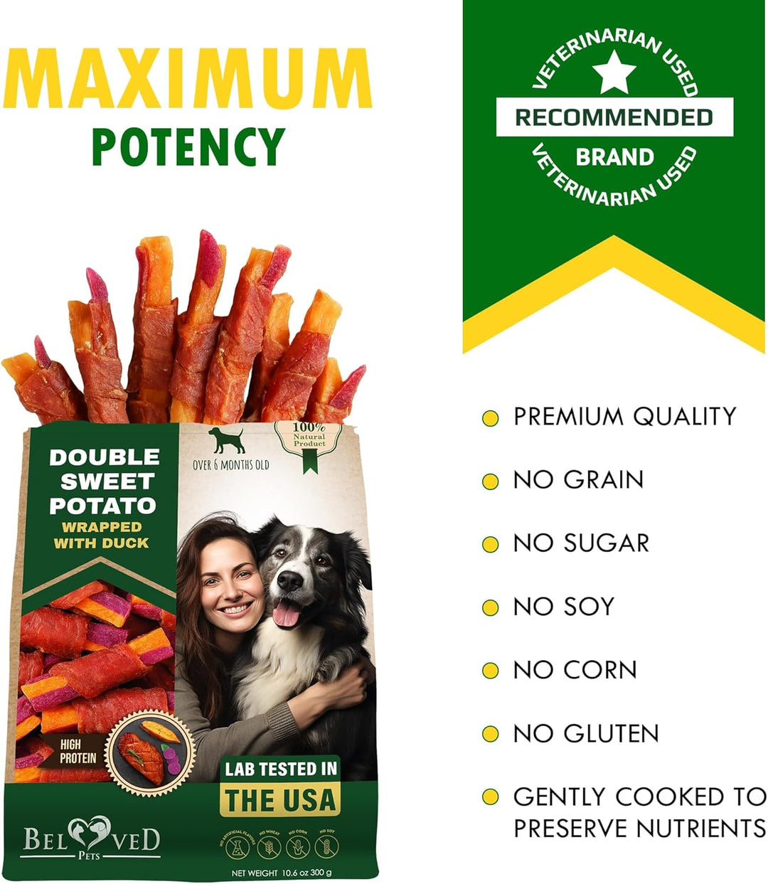 Beloved Pets Sweet Potato Dog Treats & Healthy Duck Chews 10.6 Oz - Puppy Snacks & Soft Bones for Large, Medium & Small Breeds - Natural Dog Food & Grain-Free, Rawhide-Free Training Jerky Wraps