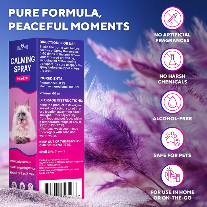 Calming Pheromone Spray & Scratch Repellent for Cats - Reduces Scratching Furniture, Pee - During Travel, Fireworks, Thunder, Vet Zone - Helps with Stress, Fighting, Hiding (60 ml (2 pack))