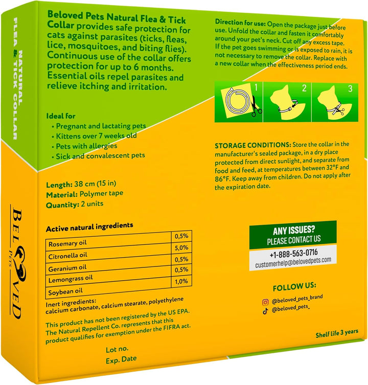 Natural Flea & Tick Collar for Cats - 12 Months Control of Best Prevention & Safe Treatment - Anti Fleas and Ticks Essential Oil Repellent (2 Pack)