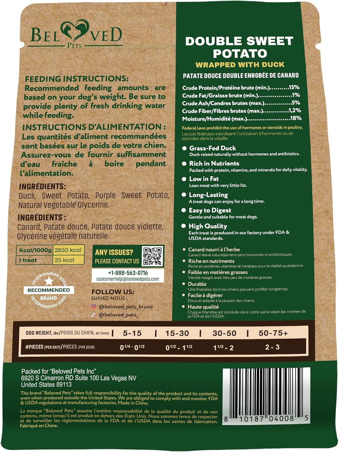 Beloved Pets Sweet Potato Dog Treats & Healthy Duck Chews 10.6 Oz - Puppy Snacks & Soft Bones for Large, Medium & Small Breeds - Natural Dog Food & Grain-Free, Rawhide-Free Training Jerky Wraps