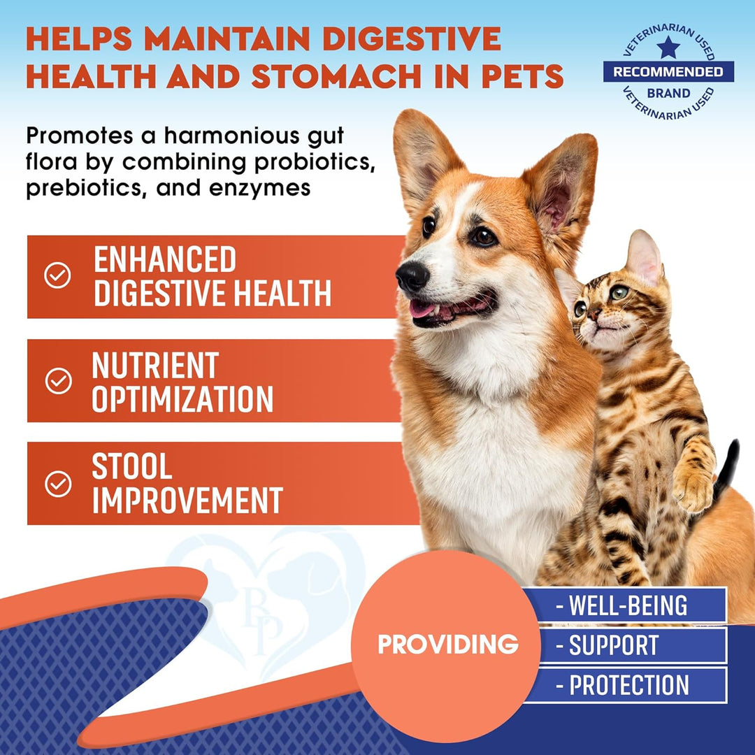 Probiotics & Prebiotics with Enzymes for Dogs and Cats - Digestive Gut Flora Health Pet Food Supplements - Constipation & Diarrhea and Gas Home Remedy - Upset Stomach Relief - Made in USA