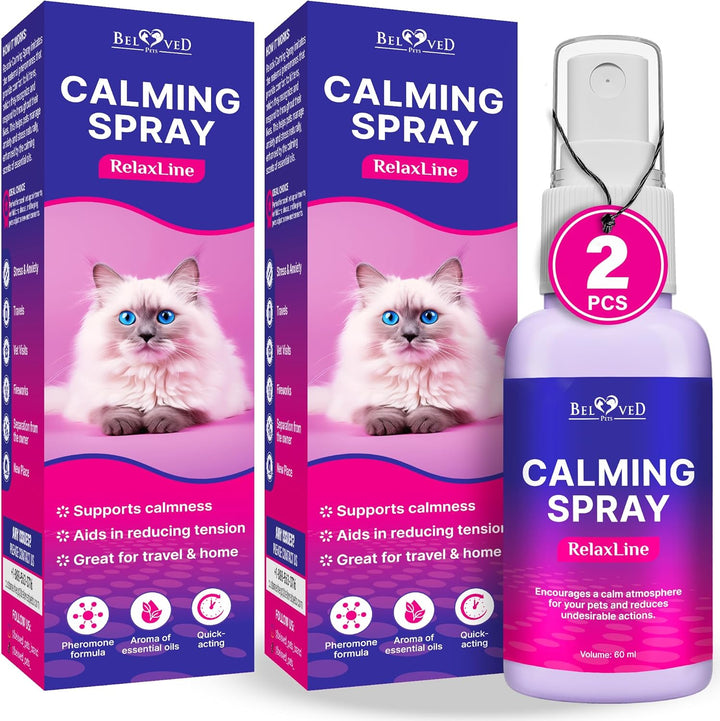 Calming Pheromone Spray & Scratch Repellent for Cats - Reduces Scratching Furniture, Pee - During Travel, Fireworks, Thunder, Vet Zone - Helps with Stress, Fighting, Hiding (60 ml (2 pack))