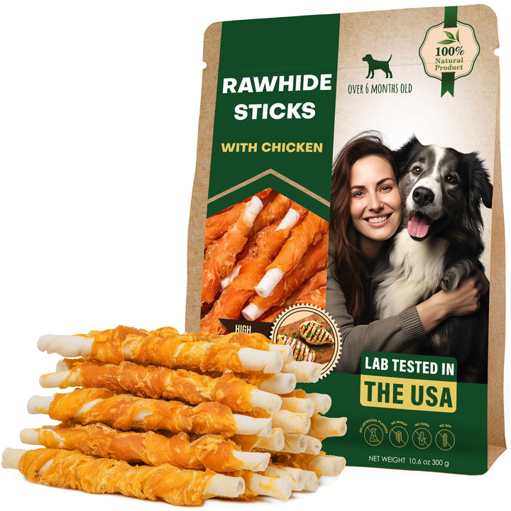 Dog Rawhide Sticks Wrapped with Chicken & Pet Natural Chew Treats - Grain Free Meat & Human Grade Dried Snacks in Bulk - Best Twists for Training Small & Large Dogs (Chicken)